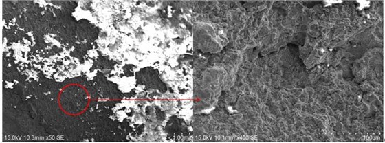 圖2 斷口源區(qū)宏、微觀形貌，沿晶特征+二次裂紋