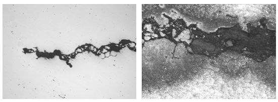 圖16-21 裂紋形貌 100× 圖16-22 裂紋放大形貌 500× 圖16-21 裂紋形貌 100× 圖16-22 裂紋放大形貌 500×